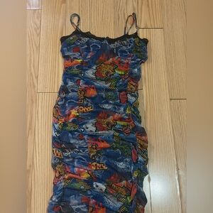 Fashion Nova Multicolor Graphic Ruched Slip Dress